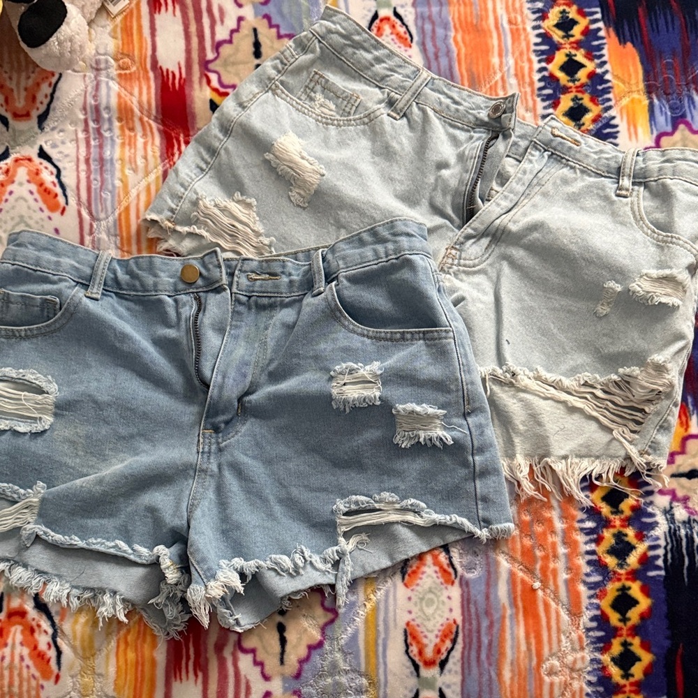 Distressed Denim Women Shorts - Light Blue and Blue